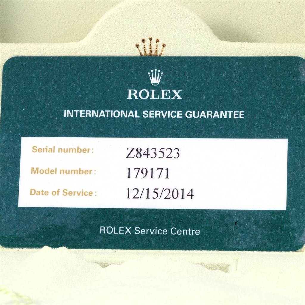 This image shows the international service guarantee card for a Rolex Datejust 179171 Women's Steel and Gold (two tone) Pink Dial 179171 Women's Steel and Gold (two tone) Pink Dial model, including the serial and model number.