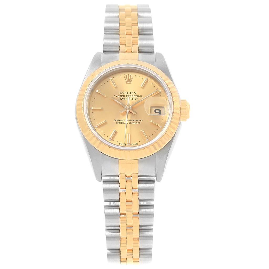 The image shows a Rolex Datejust 79173 Women's Steel and Gold (two tone) Champagne Dial 79173 Women's Steel and Gold (two tone) Champagne Dial watch from a top-down angle, featuring its face, bezel, and two-tone metal bracelet.