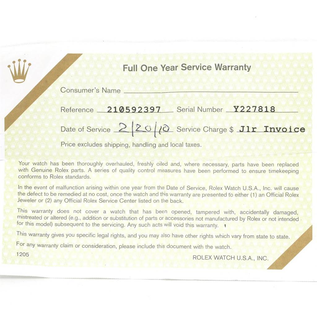 The image shows a Full One Year Service Warranty certificate for a Rolex Datejust 79173 Women's Steel and Gold (two tone) Champagne Dial 79173 Women's Steel and Gold (two tone) Champagne Dial watch, including service date, reference, and serial numbers.