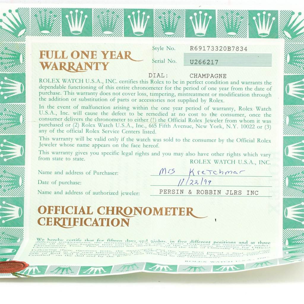 This image shows the official chronometer certification and warranty card for the Rolex Datejust 69173 Women
s Stainless Steel Champagne Dial 69173 Women
s Stainless Steel Champagne Dial model.