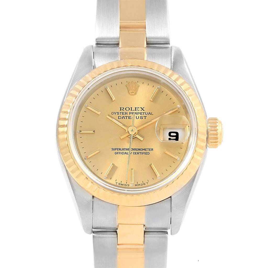 The image shows a front view of a Rolex Datejust 69173 Women
s Stainless Steel Champagne Dial 69173 Women
s Stainless Steel Champagne Dial watch, highlighting the dial, bezel, and part of the bracelet.