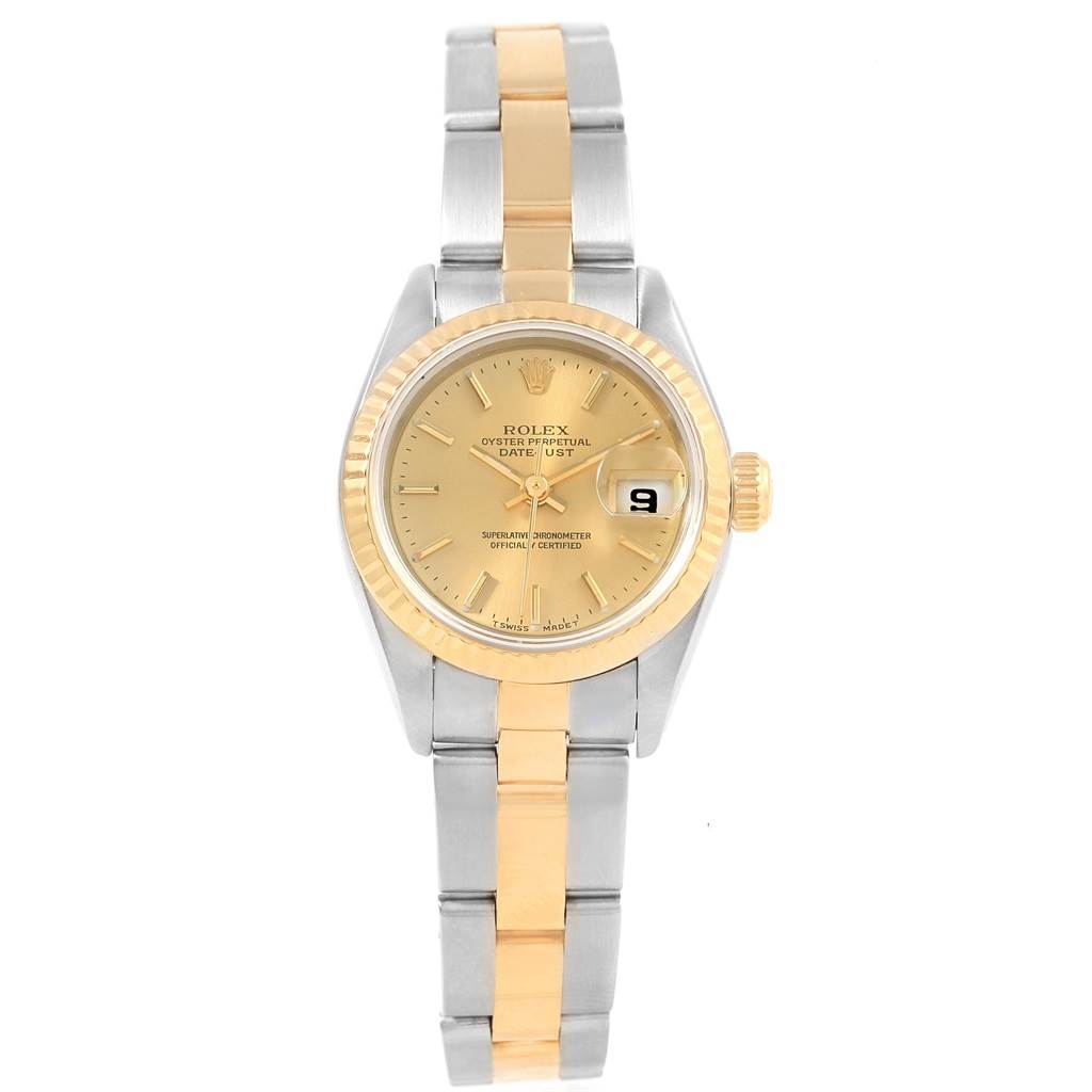 This is a front view of a Rolex Datejust 69173 Women
s Stainless Steel Champagne Dial 69173 Women
s Stainless Steel Champagne Dial watch, showing its gold and silver bracelet, gold dial, and date display.