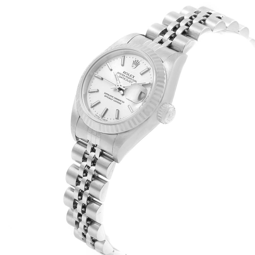 This image shows a Rolex Datejust 79174 Women
s Stainless Steel Silver Dial 79174 Women
s Stainless Steel Silver Dial watch from a front angle, highlighting its dial, bezel, and bracelet.