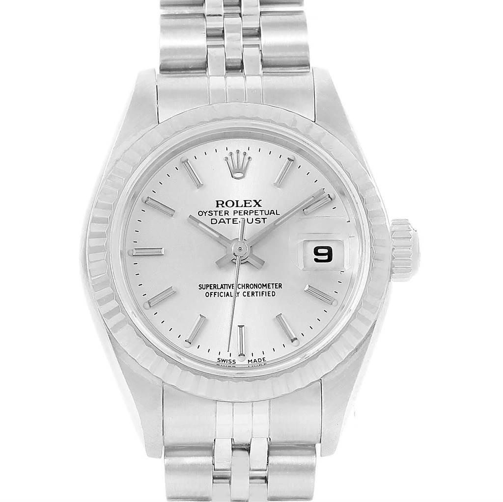 The image shows a front view of the Rolex Datejust 79174 Women
s Stainless Steel Silver Dial 79174 Women
s Stainless Steel Silver Dial model, displaying the dial, bezel, and part of the bracelet.