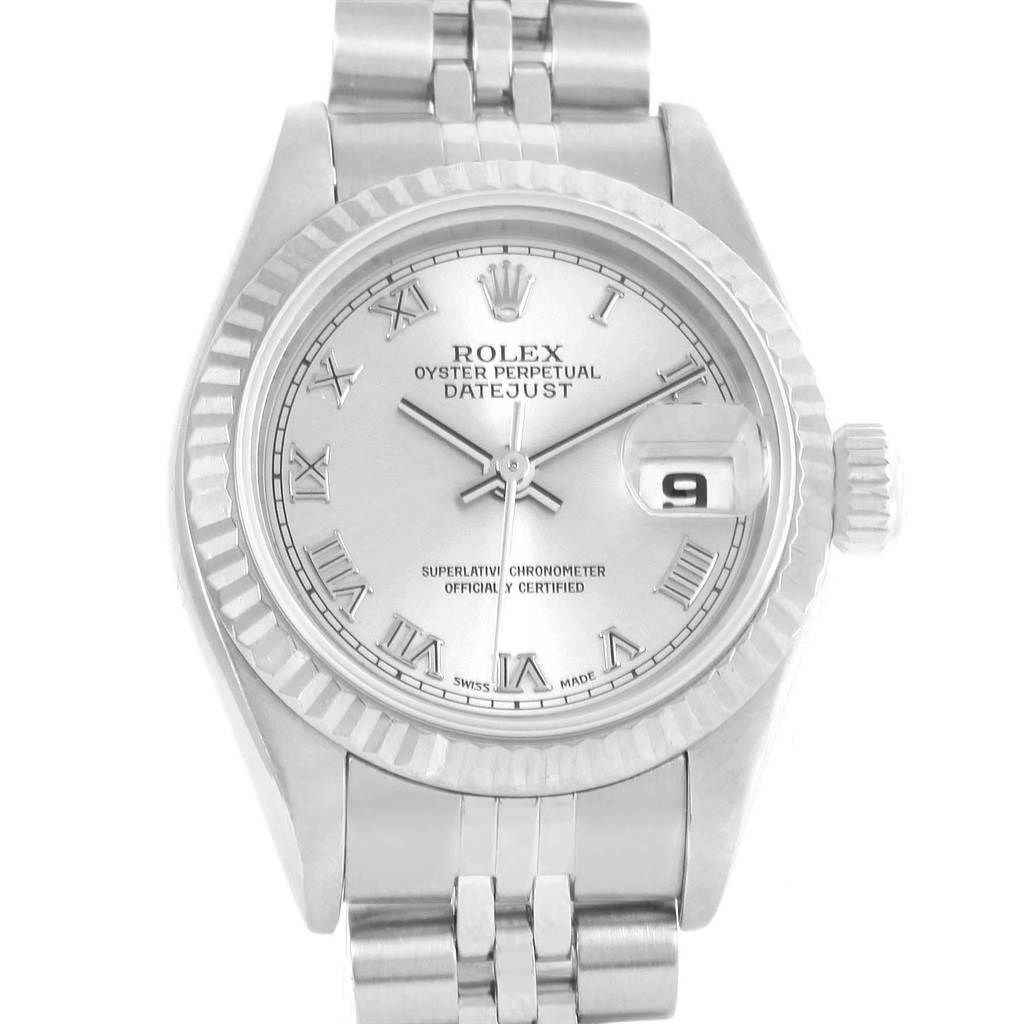 This image shows a front view of a Rolex Datejust 79174 Women
s Stainless Steel Silver Dial 79174 Women
s Stainless Steel Silver Dial watch, highlighting the dial, bracelet, and date window.