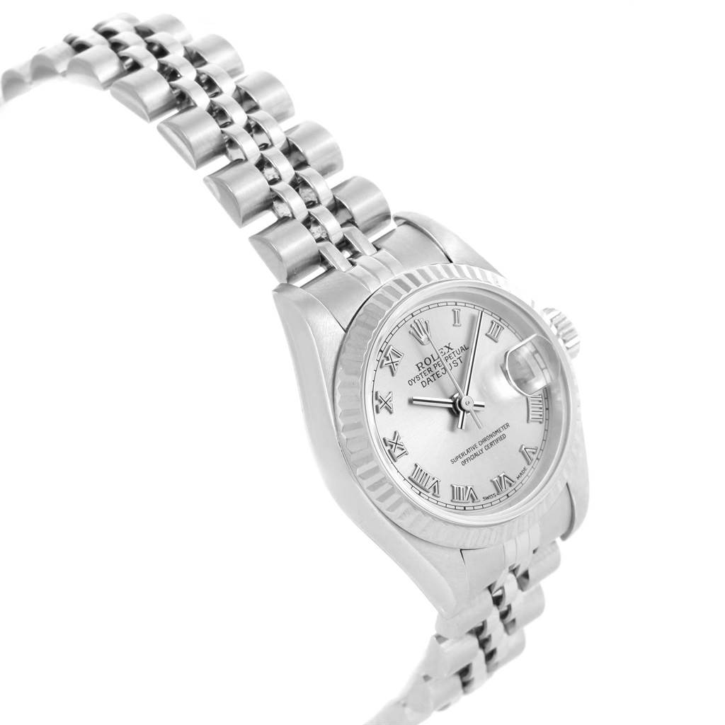 The Rolex Datejust 79174 Women
s Stainless Steel Silver Dial 79174 Women
s Stainless Steel Silver Dial watch is shown at an angled view, highlighting the face, crown, and part of the bracelet.