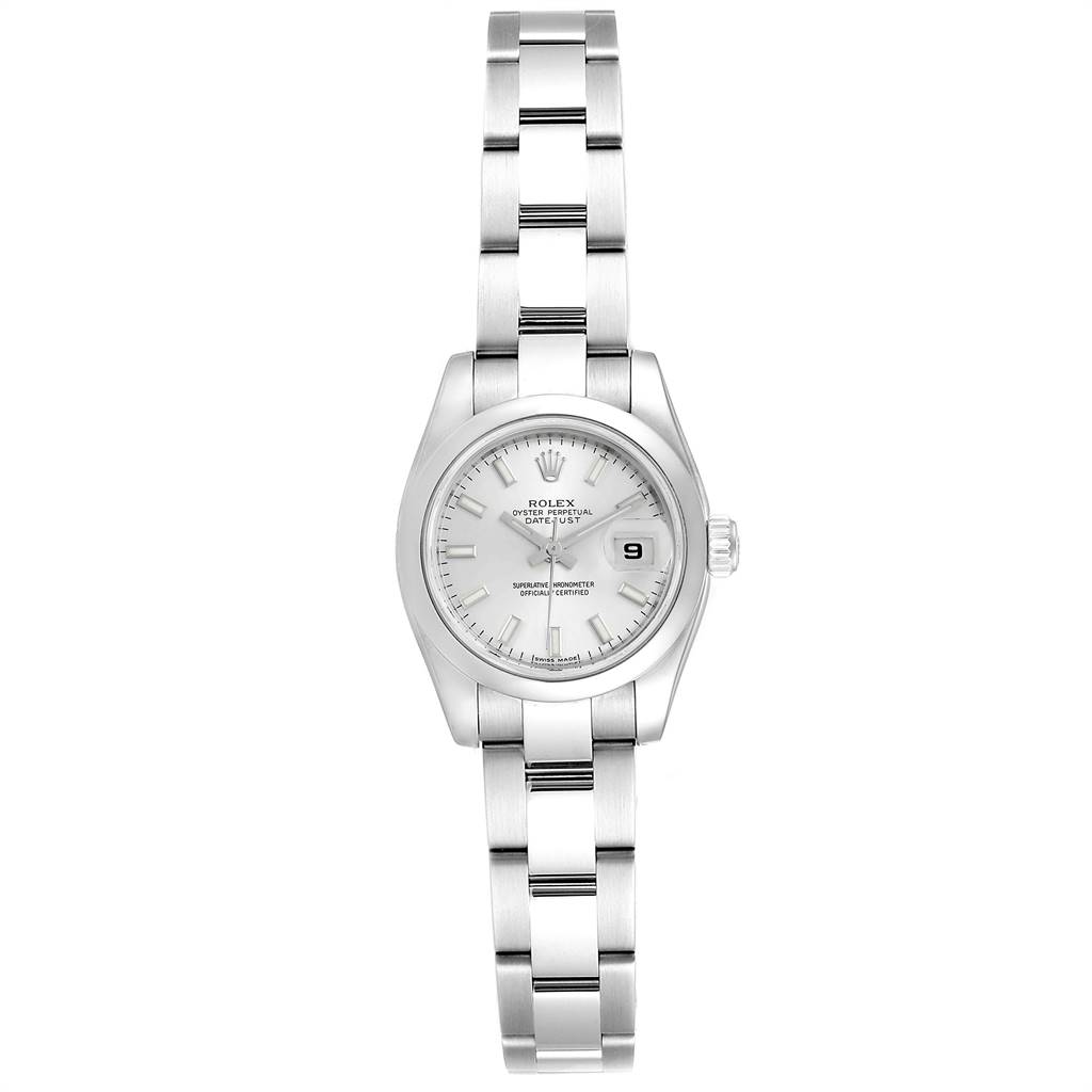 This image shows a front view of a Rolex Datejust 179160 Women's Stainless Steel Silver Dial 179160 Women's Stainless Steel Silver Dial watch, displaying the face, band, and crown.