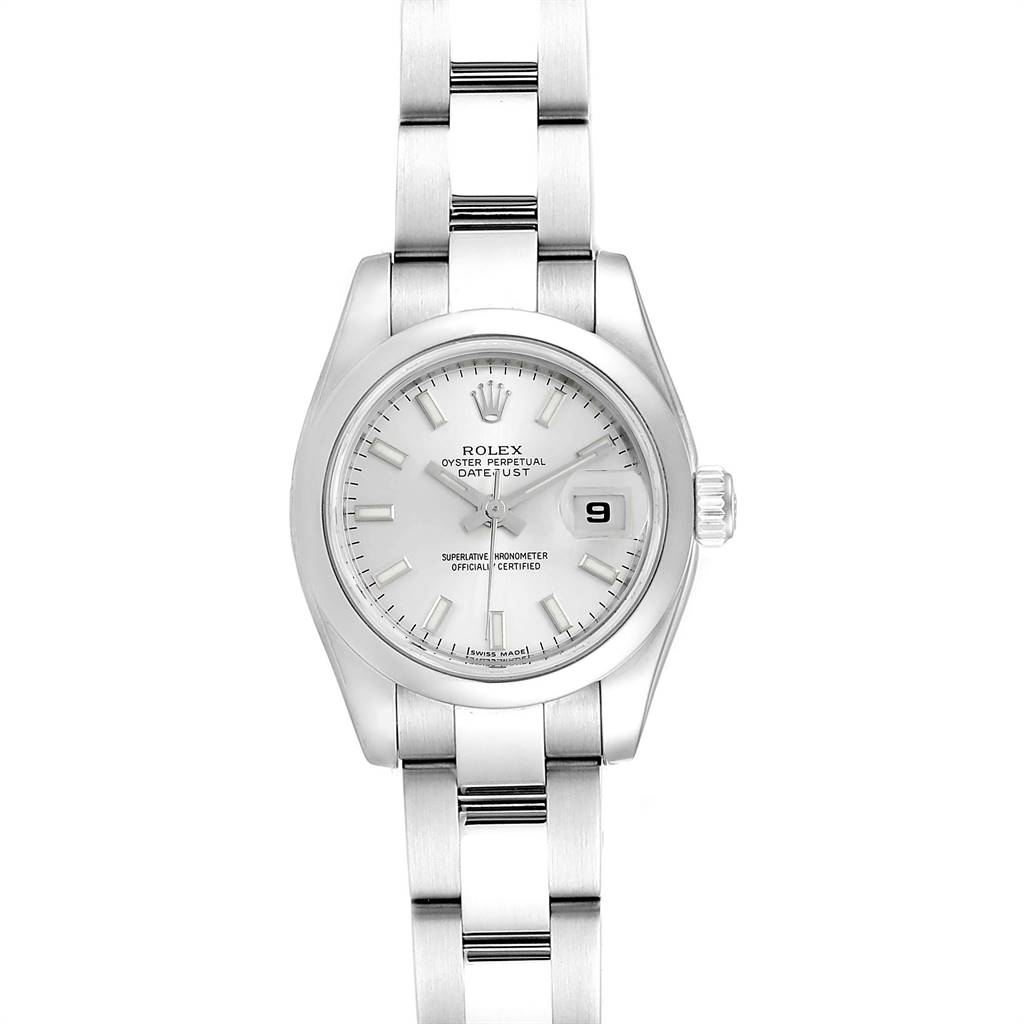 The image shows a front view of a Rolex Datejust 179160 Women's Stainless Steel Silver Dial 179160 Women's Stainless Steel Silver Dial watch, highlighting its dial, bracelet, and clasp.