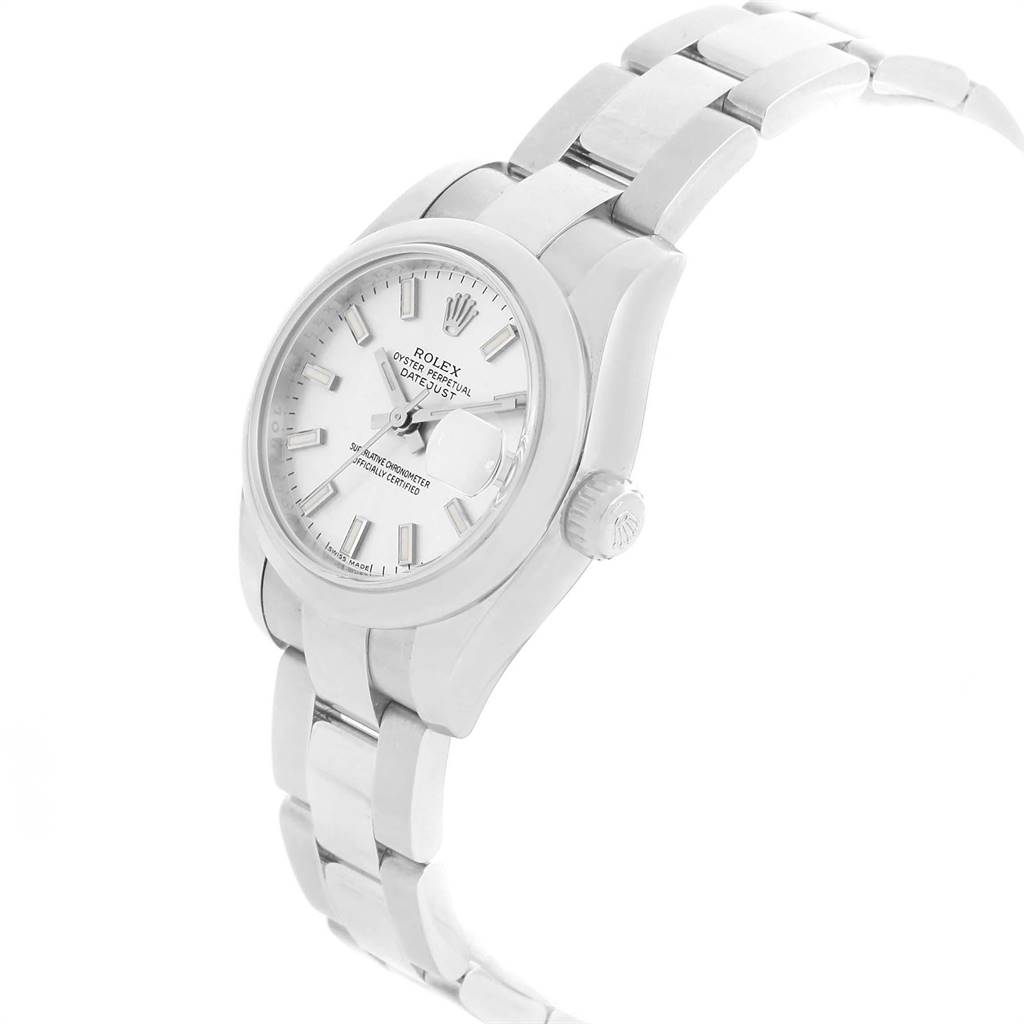 This image shows a Rolex Datejust 179160 Women's Stainless Steel Silver Dial 179160 Women's Stainless Steel Silver Dial watch from an angled side view, featuring the dial, bezel, crown, and part of the bracelet.