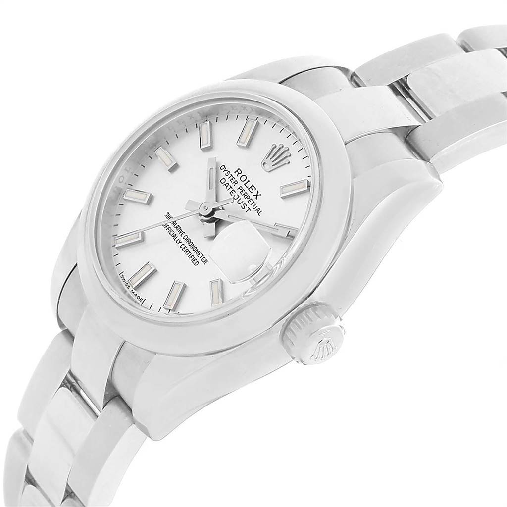 The Rolex Datejust 179160 Women's Stainless Steel Silver Dial 179160 Women's Stainless Steel Silver Dial watch is shown at a 3/4 angle, highlighting the dial, crown, and part of the bracelet.