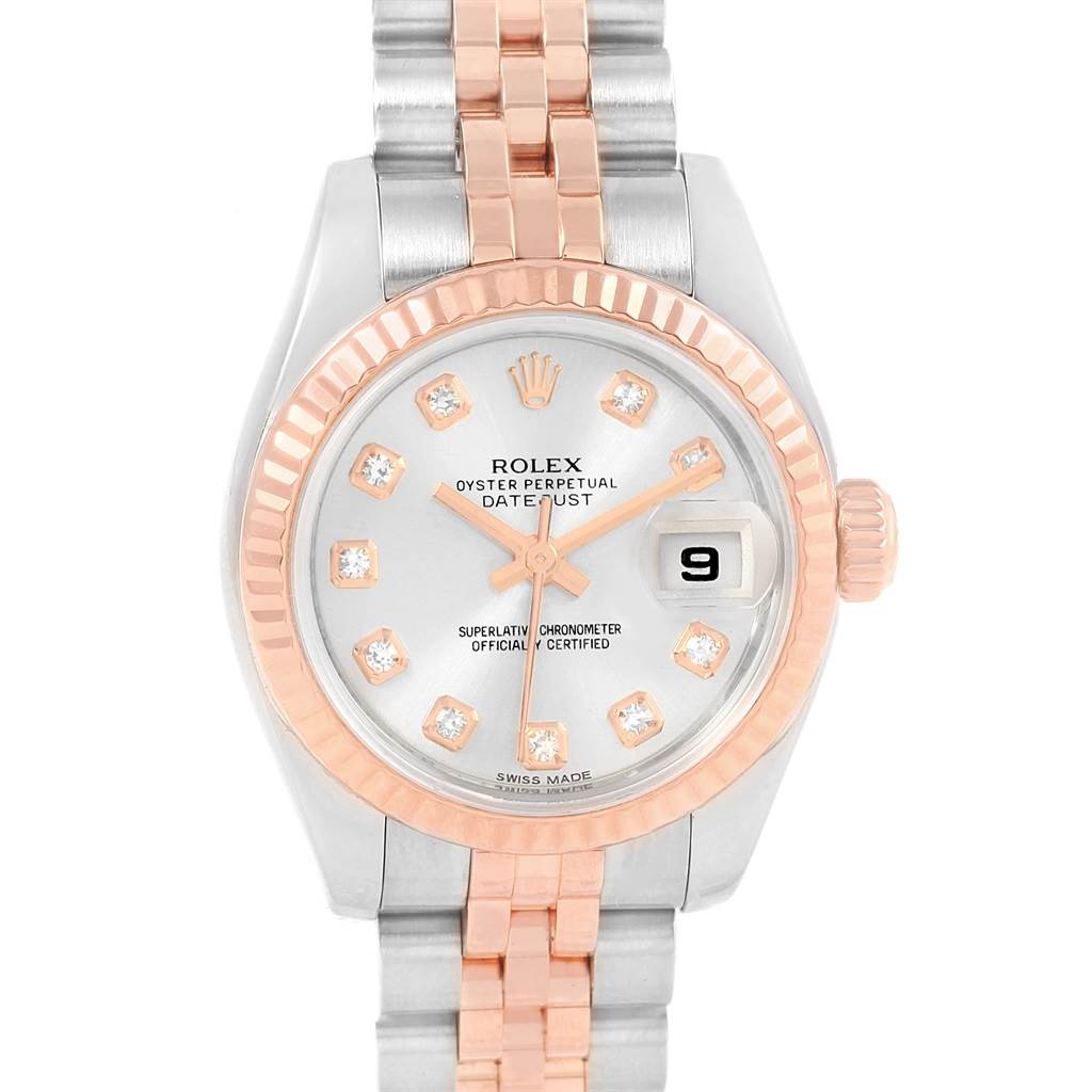 The image shows a Rolex Datejust 179171 Women
s Steel and Gold (two tone) Silver Dial 179171 Women
s Steel and Gold (two tone) Silver Dial watch from a front angle, displaying its face, bezel, and part of the bracelet.