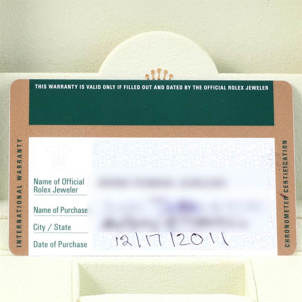 The image shows the international warranty card for a Rolex Datejust 179171 Women
s Steel and Gold (two tone) Silver Dial 179171 Women
s Steel and Gold (two tone) Silver Dial watch.