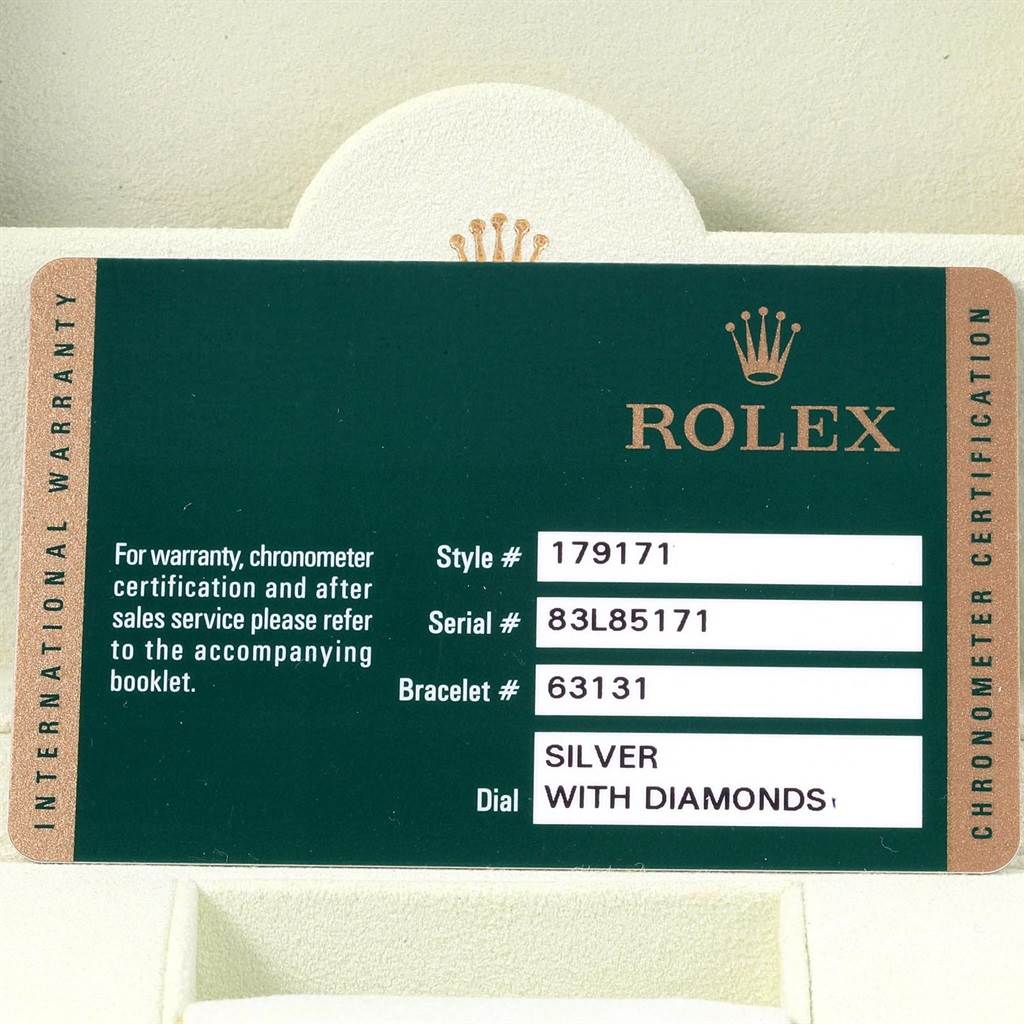 The image shows a warranty card for a Rolex Datejust 179171 Women
s Steel and Gold (two tone) Silver Dial 179171 Women
s Steel and Gold (two tone) Silver Dial watch, detailing style, serial, and bracelet numbers, and dial information.