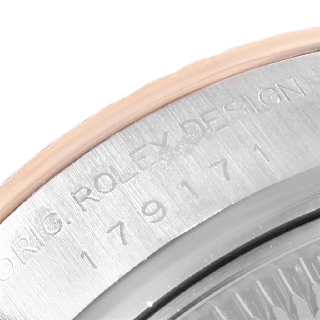 This image shows a close-up of the engraved model number on the case back of a Rolex Datejust 179171 Women
s Steel and Gold (two tone) Silver Dial 179171 Women
s Steel and Gold (two tone) Silver Dial.