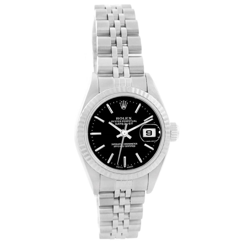 Rolex Datejust Ladies Steel White Gold Black Baton Dial Watch 79174 SwissWatchExpo