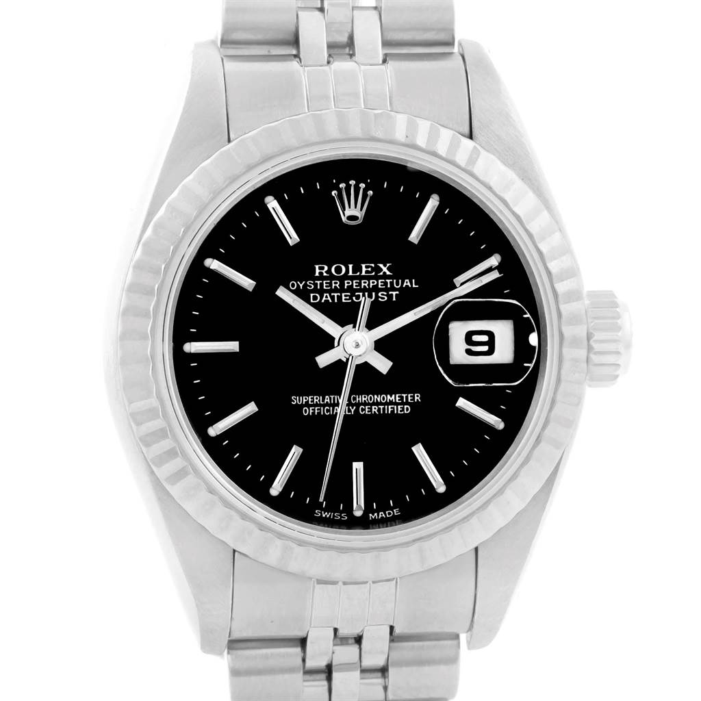 This is a front view of a Rolex Datejust 79174 Women's Stainless Steel Black Dial 79174 Women's Stainless Steel Black Dial, showing the dial, bezel, bracelet, and date window.