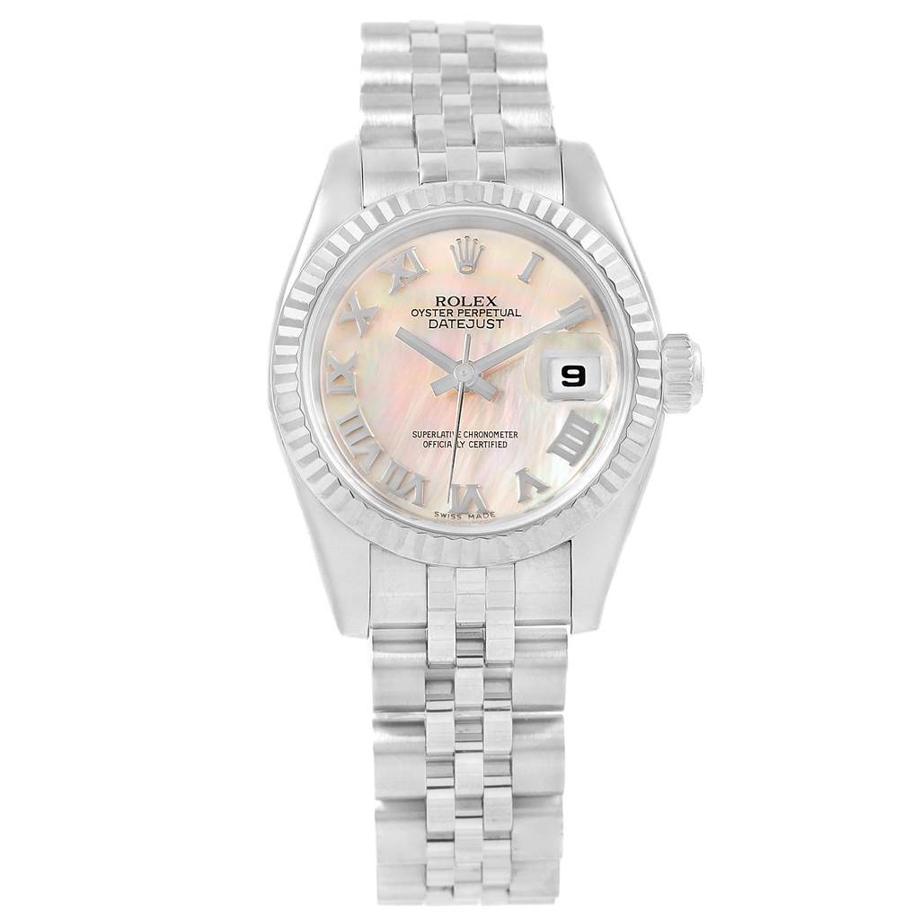 This image shows a front view of the Rolex Datejust 179174 Women
s Stainless Steel Mother of Pearl Dial 179174 Women
s Stainless Steel Mother of Pearl Dial watch, displaying its dial, bezel, and bracelet.