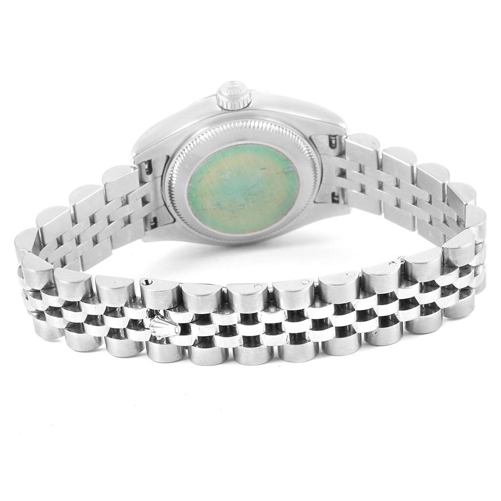 This image shows the back case and bracelet of a Rolex Datejust 179174 Women
s Stainless Steel Mother of Pearl Dial 179174 Women
s Stainless Steel Mother of Pearl Dial watch at a rear angle.