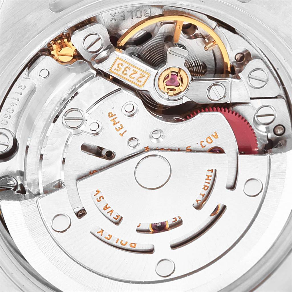 The image shows the internal mechanical movement of a Rolex Datejust 179174 Women
s Stainless Steel Mother of Pearl Dial 179174 Women
s Stainless Steel Mother of Pearl Dial watch, viewed from the back angle.