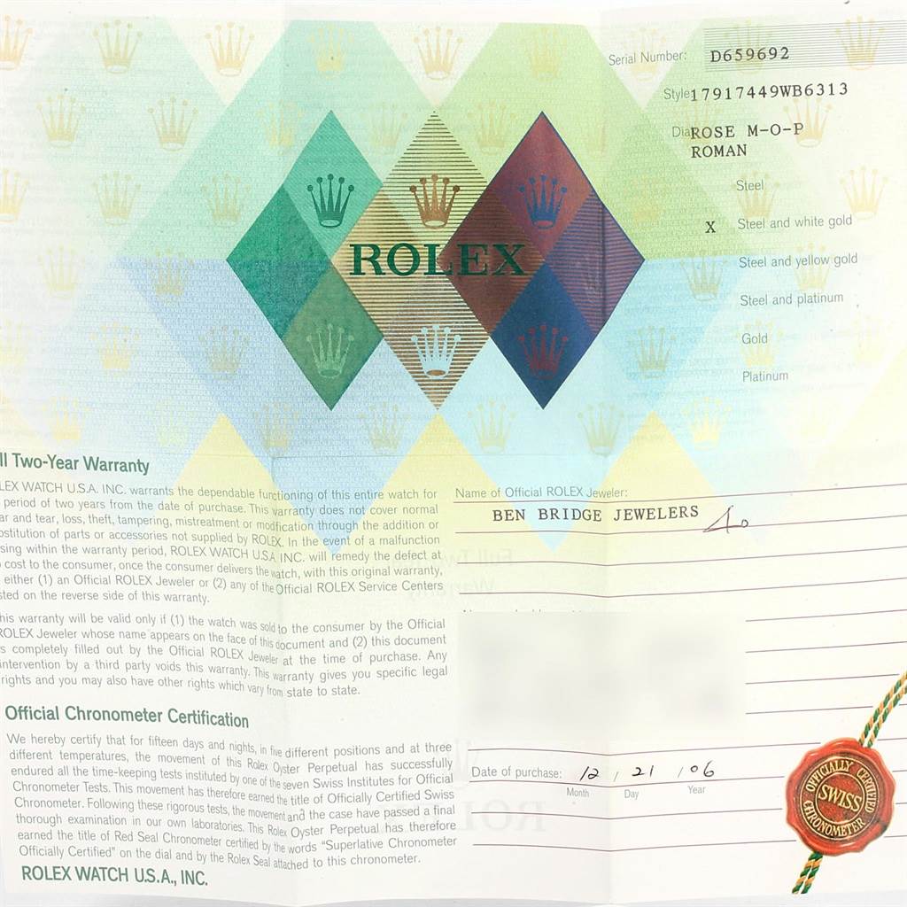 This image shows the warranty and certification papers for a Rolex Datejust 179174 Women
s Stainless Steel Mother of Pearl Dial 179174 Women
s Stainless Steel Mother of Pearl Dial model watch.