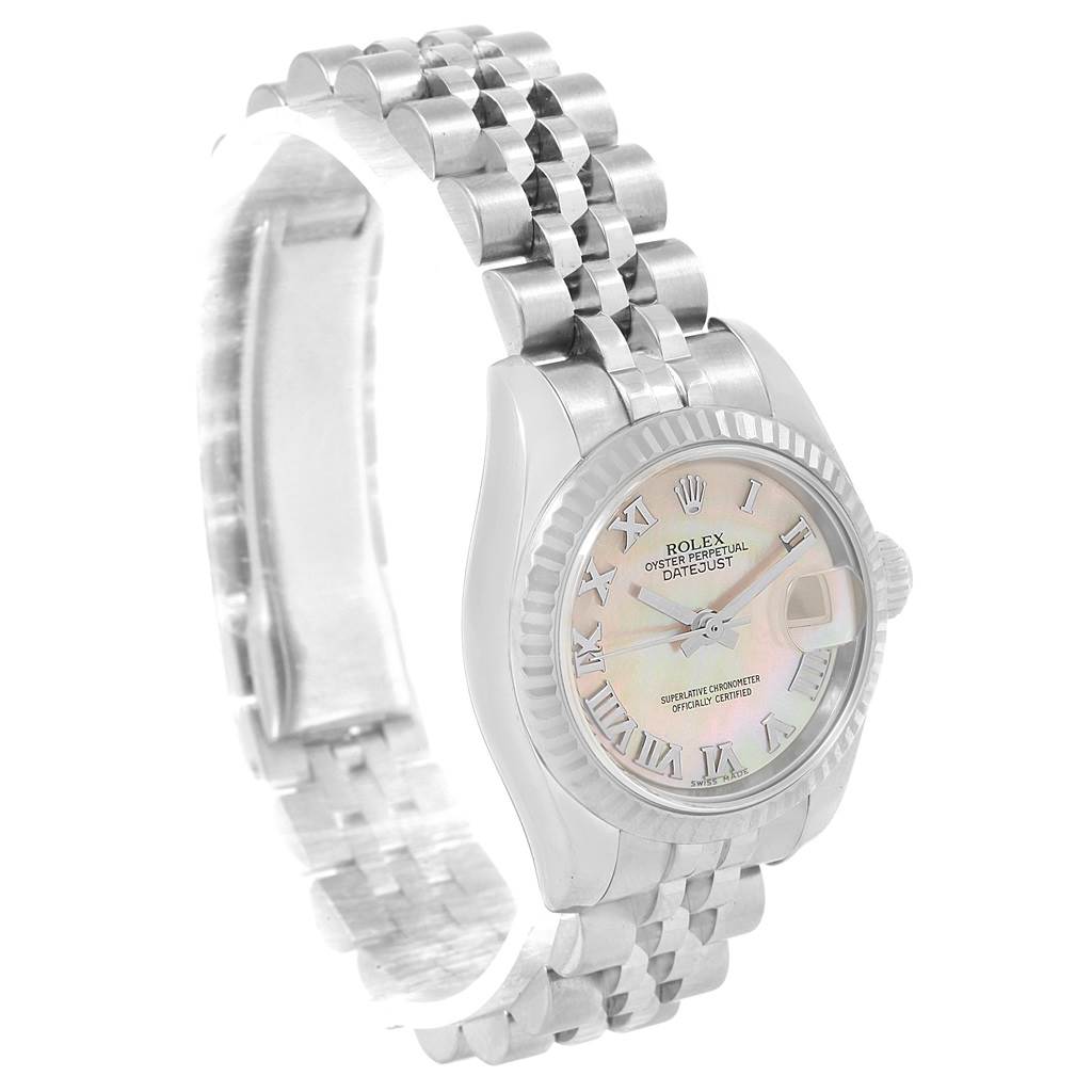 The image shows a Rolex Datejust 179174 Women
s Stainless Steel Mother of Pearl Dial 179174 Women
s Stainless Steel Mother of Pearl Dial watch angled to display the watch face, bezel, and part of the bracelet.