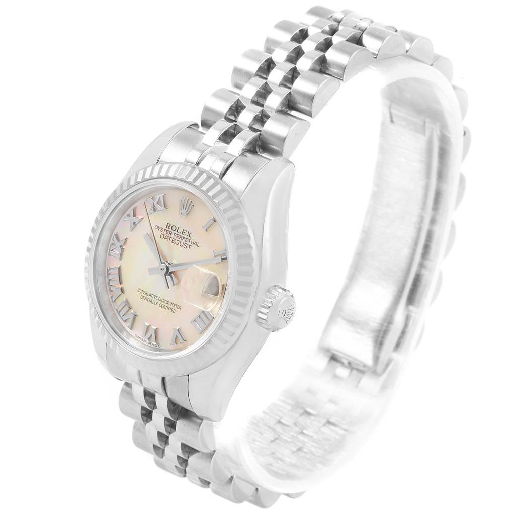 The image shows a Rolex Datejust 179174 Women
s Stainless Steel Mother of Pearl Dial 179174 Women
s Stainless Steel Mother of Pearl Dial watch at a three-quarter angle, highlighting the face, bezel, crown, and bracelet.