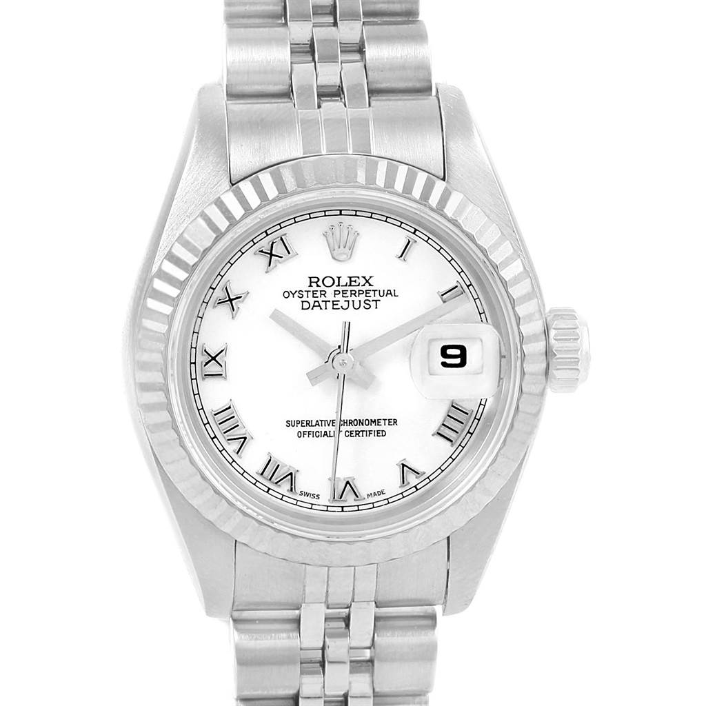 This image shows a front view of a Rolex Datejust 79174 Women
s Stainless Steel White Dial 79174 Women
s Stainless Steel White Dial watch, displaying the dial, bezel, and a portion of the bracelet.