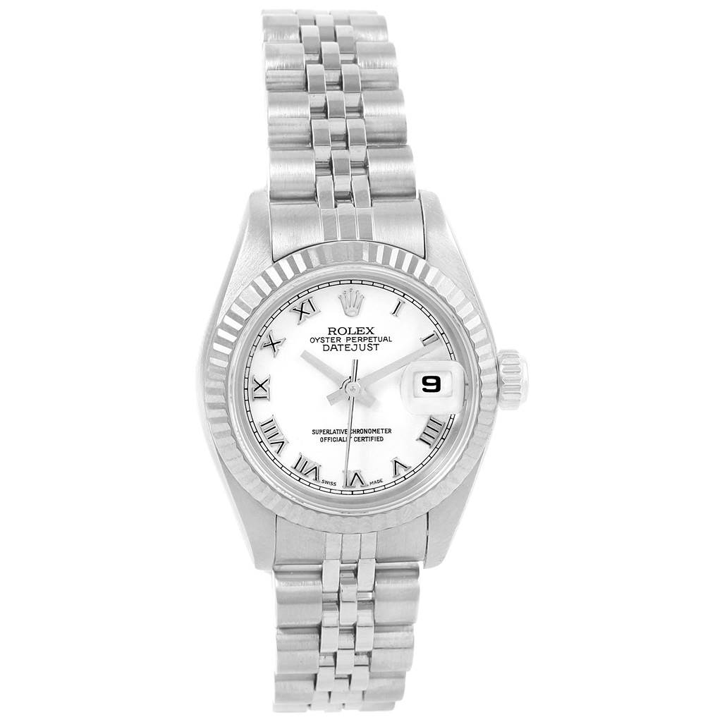 The image shows a Rolex Datejust 79174 Women
s Stainless Steel White Dial 79174 Women
s Stainless Steel White Dial watch, featuring the face, bezel, and bracelet in a front-facing view.