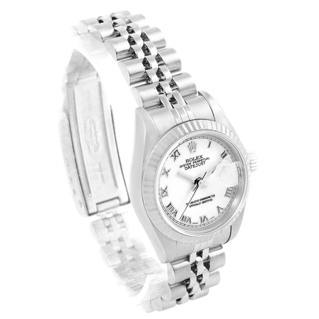 The image shows a Rolex Datejust 79174 Women
s Stainless Steel White Dial 79174 Women
s Stainless Steel White Dial watch featuring the watch face, bezel, and bracelet at a slight angle.
