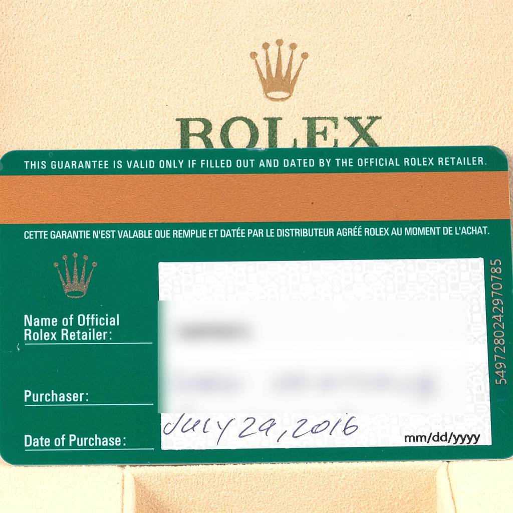 The image shows a warranty card for a Rolex Datejust 179384 Women's Stainless Steel Mother of Pearl Dial 179384 Women's Stainless Steel Mother of Pearl Dial watch from an official retailer, with purchase information and the Rolex logo.