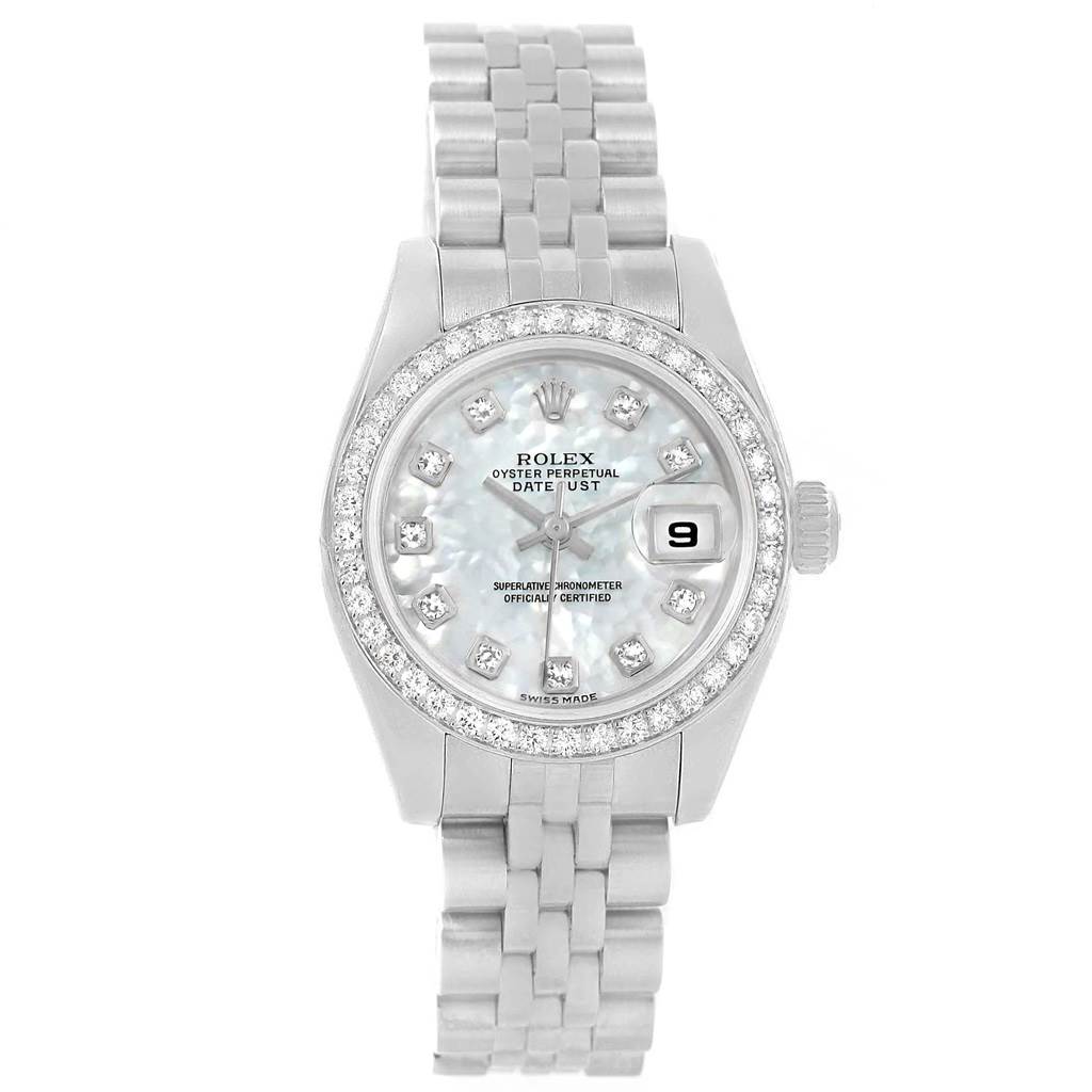 This image shows a front view of the Rolex Datejust 179384 Women's Stainless Steel Mother of Pearl Dial 179384 Women's Stainless Steel Mother of Pearl Dial watch, highlighting the face, bezel, and bracelet.
