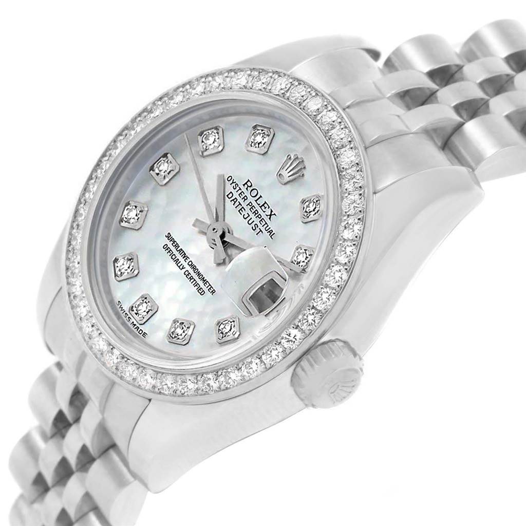 The Rolex Datejust 179384 Women's Stainless Steel Mother of Pearl Dial 179384 Women's Stainless Steel Mother of Pearl Dial watch is shown at an oblique angle, highlighting its diamond bezel, white dial, bracelet, and crown.