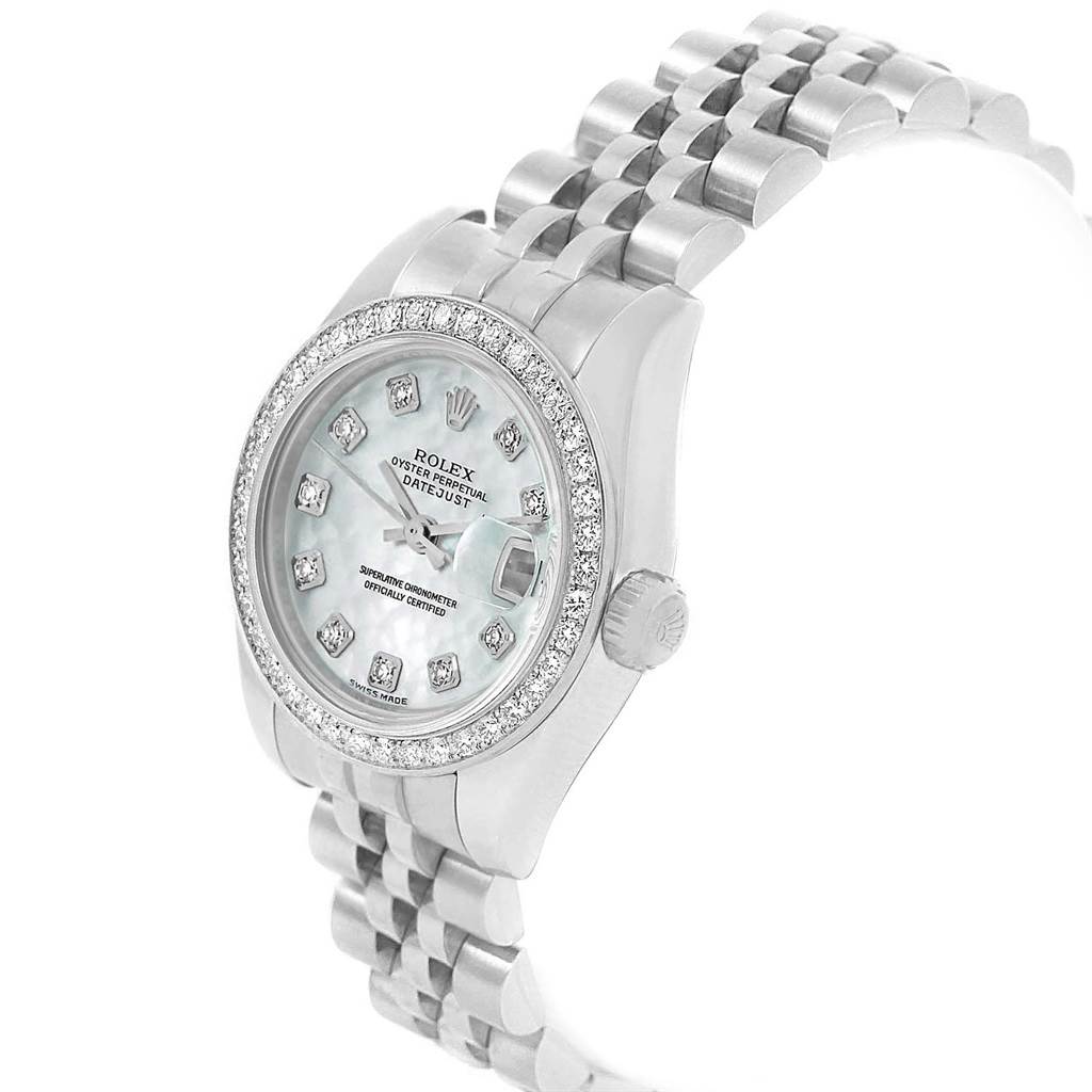 This image shows a Rolex Datejust 179384 Women's Stainless Steel Mother of Pearl Dial 179384 Women's Stainless Steel Mother of Pearl Dial watch at a slight angle, highlighting the dial, bezel, crown, and bracelet.