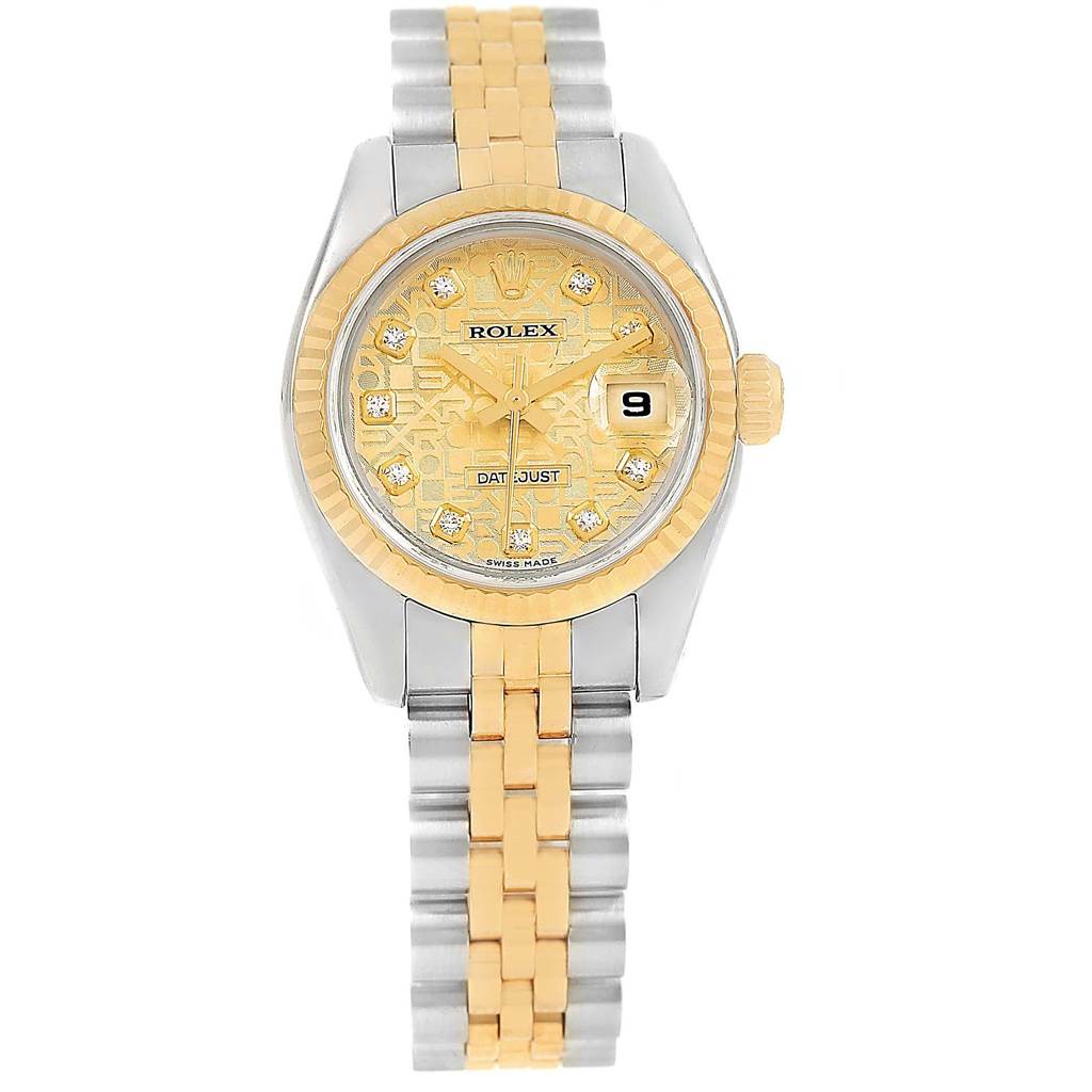 The image shows a full front view of a Rolex Datejust 179173 Women's Steel and Gold (two tone) Champagne Dial 179173 Women's Steel and Gold (two tone) Champagne Dial watch, highlighting the dial, bezel, and two-tone bracelet.