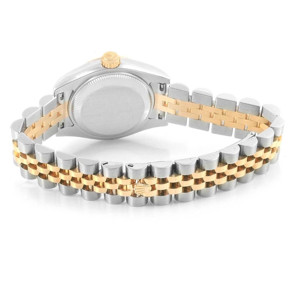 This image shows the back case and bracelet of a Rolex Datejust 179173 Women's Steel and Gold (two tone) Champagne Dial 179173 Women's Steel and Gold (two tone) Champagne Dial watch from a rear angle.