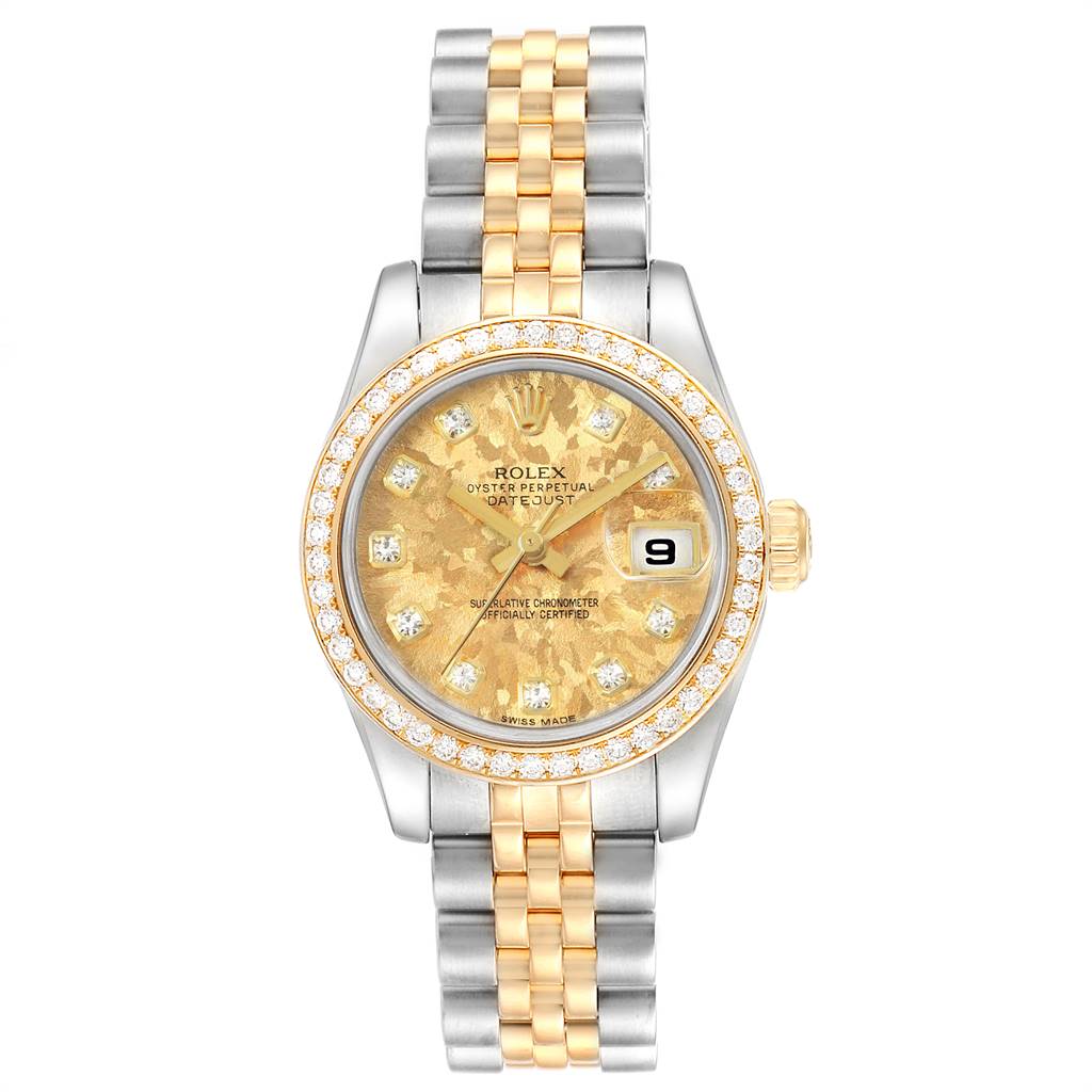 The image shows a Rolex Datejust 179383 Women's Steel and Gold (two tone) Champagne Dial 179383 Women's Steel and Gold (two tone) Champagne Dial watch from a top-down angle, displaying its face, bezel, and bracelet.