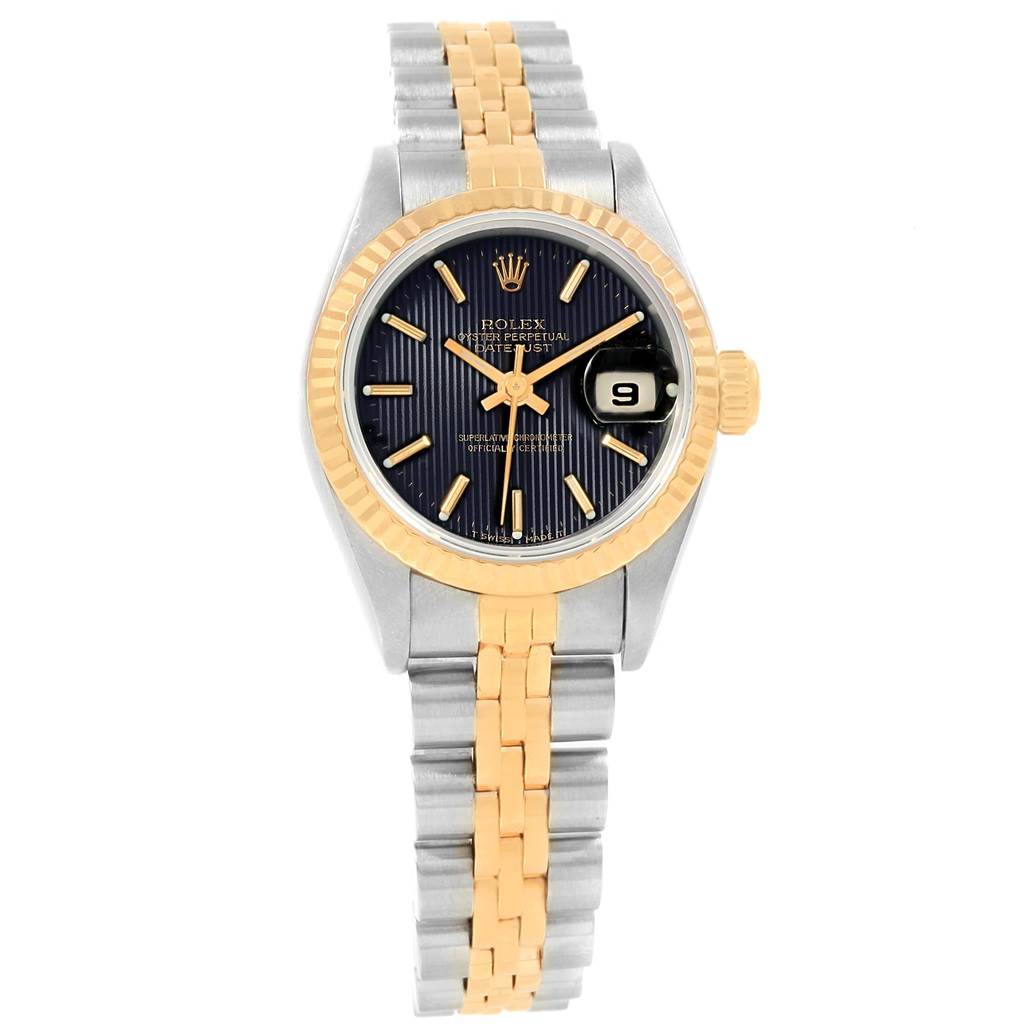 The image shows a front view of a Rolex Datejust 79173 Women's Steel and Gold (two tone) Black Dial 79173 Women's Steel and Gold (two tone) Black Dial watch, highlighting its face, bezel, crown, and two-tone bracelet.