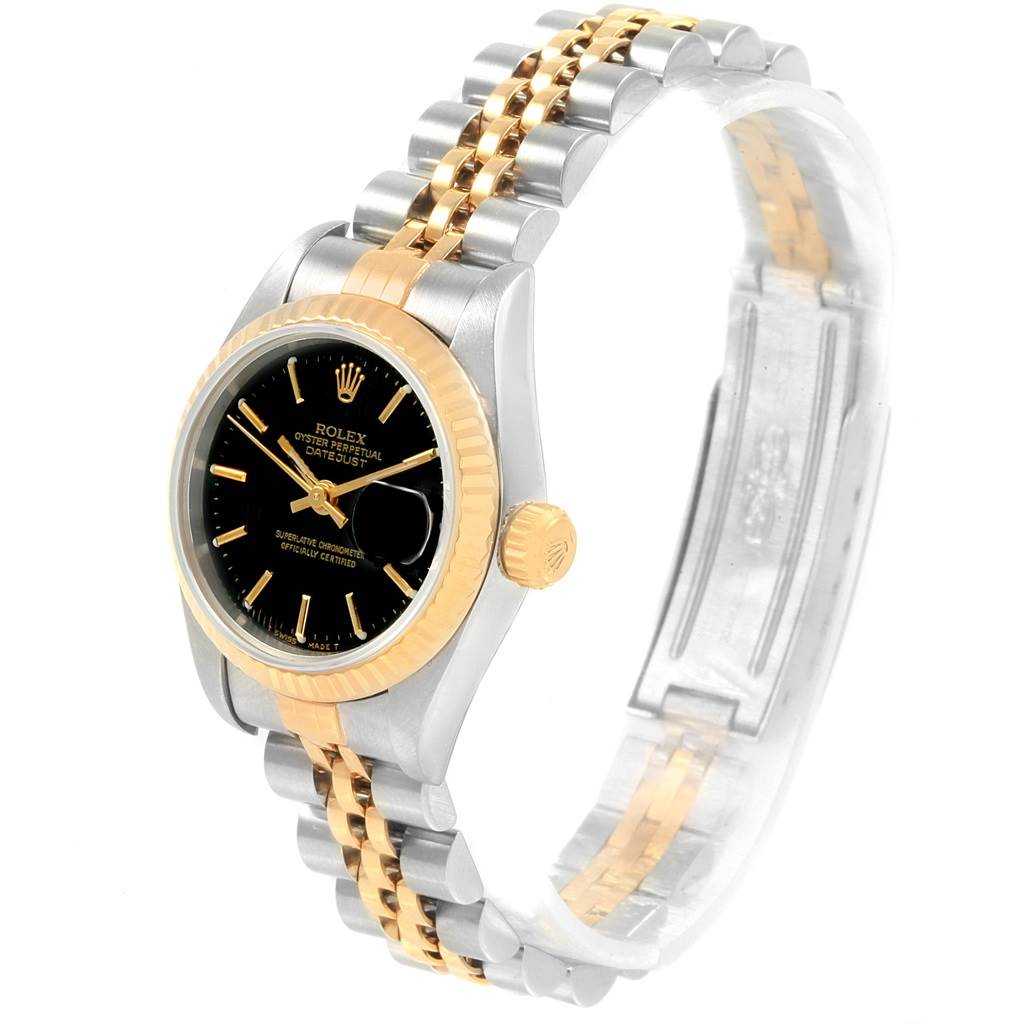 The image shows a side view of the Rolex Datejust 79173 Women's Steel and Gold (two tone) Black Dial 79173 Women's Steel and Gold (two tone) Black Dial watch, highlighting its bezel, crown, dial, and bracelet.