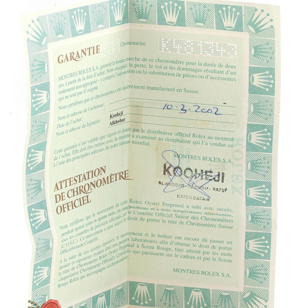 This image shows the warranty certificate for a Rolex Datejust 79173 Women's Steel and Gold (two tone) Champagne Dial 79173 Women's Steel and Gold (two tone) Champagne Dial watch, detailing the purchase date and official authorization.