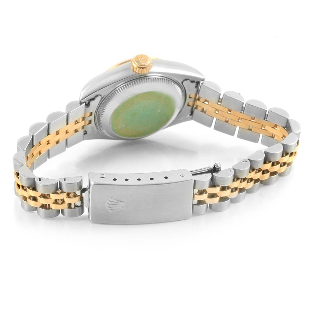 The image shows the back case and jubilee bracelet of a Rolex Datejust 79173 Women's Steel and Gold (two tone) Champagne Dial 79173 Women's Steel and Gold (two tone) Champagne Dial watch, focusing on the clasp and crown.