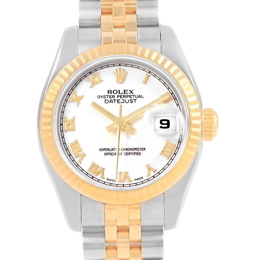 This image shows a front view of a Rolex Datejust 179173 Women's Steel and Gold (two tone) White Dial 179173 Women's Steel and Gold (two tone) White Dial watch, highlighting its dial, bezel, date display, and part of the bracelet.