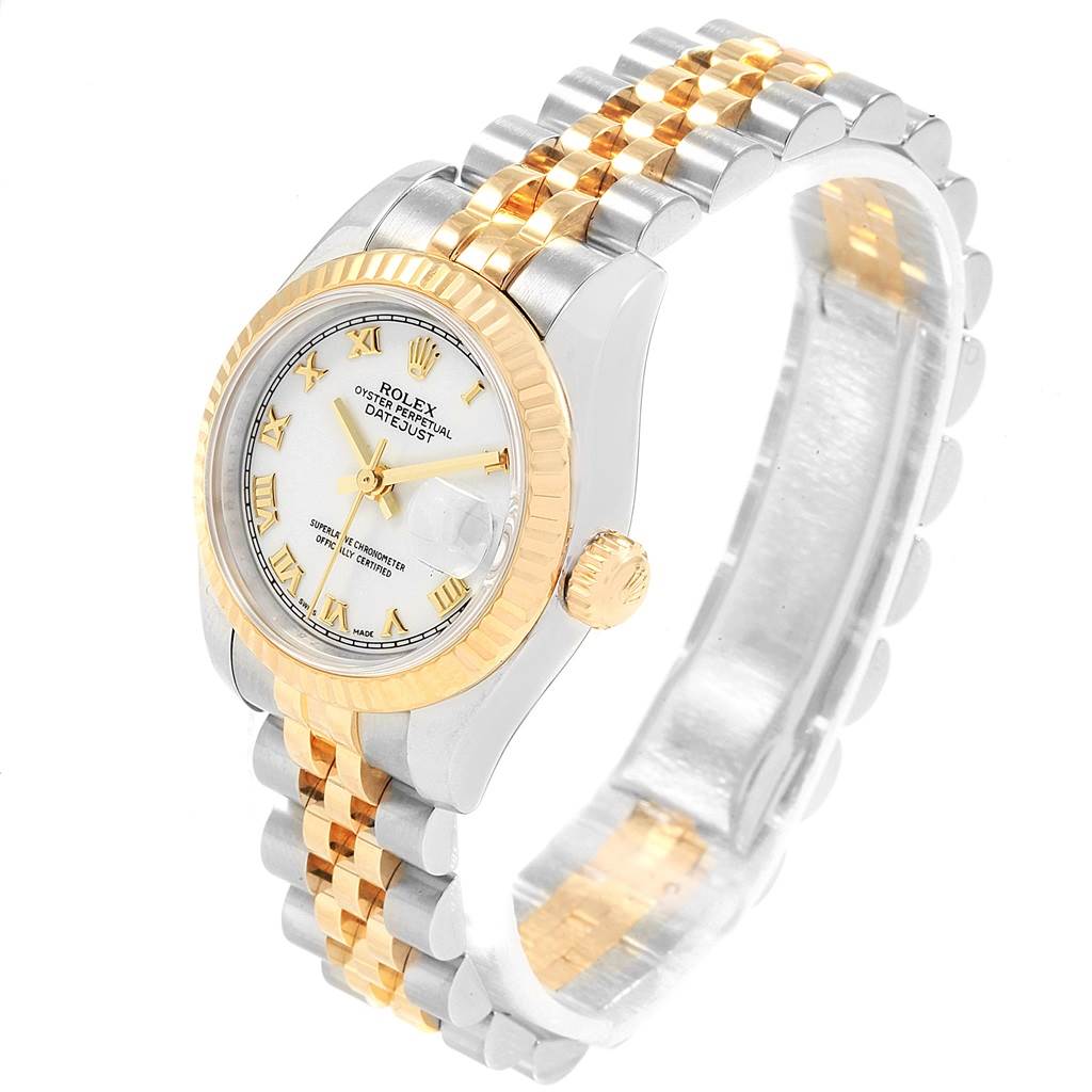 The image shows a Rolex Datejust 179173 Women's Steel and Gold (two tone) White Dial 179173 Women's Steel and Gold (two tone) White Dial watch at a slight angle, highlighting the face, bezel, crown, and two-tone bracelet.