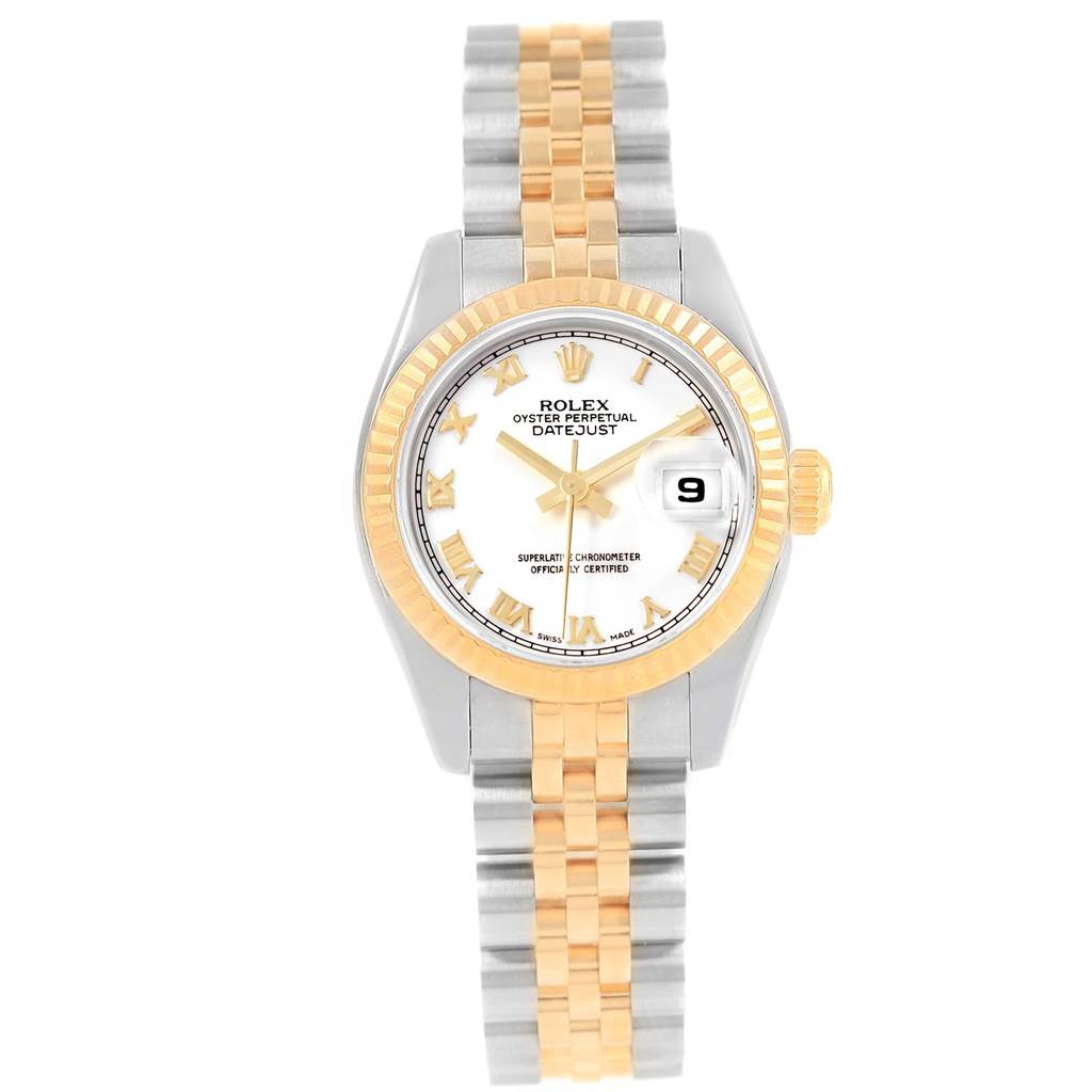 The image shows a frontal view of the Rolex Datejust 179173 Women's Steel and Gold (two tone) White Dial 179173 Women's Steel and Gold (two tone) White Dial watch, highlighting its dial, case, bezel, and two-tone bracelet.