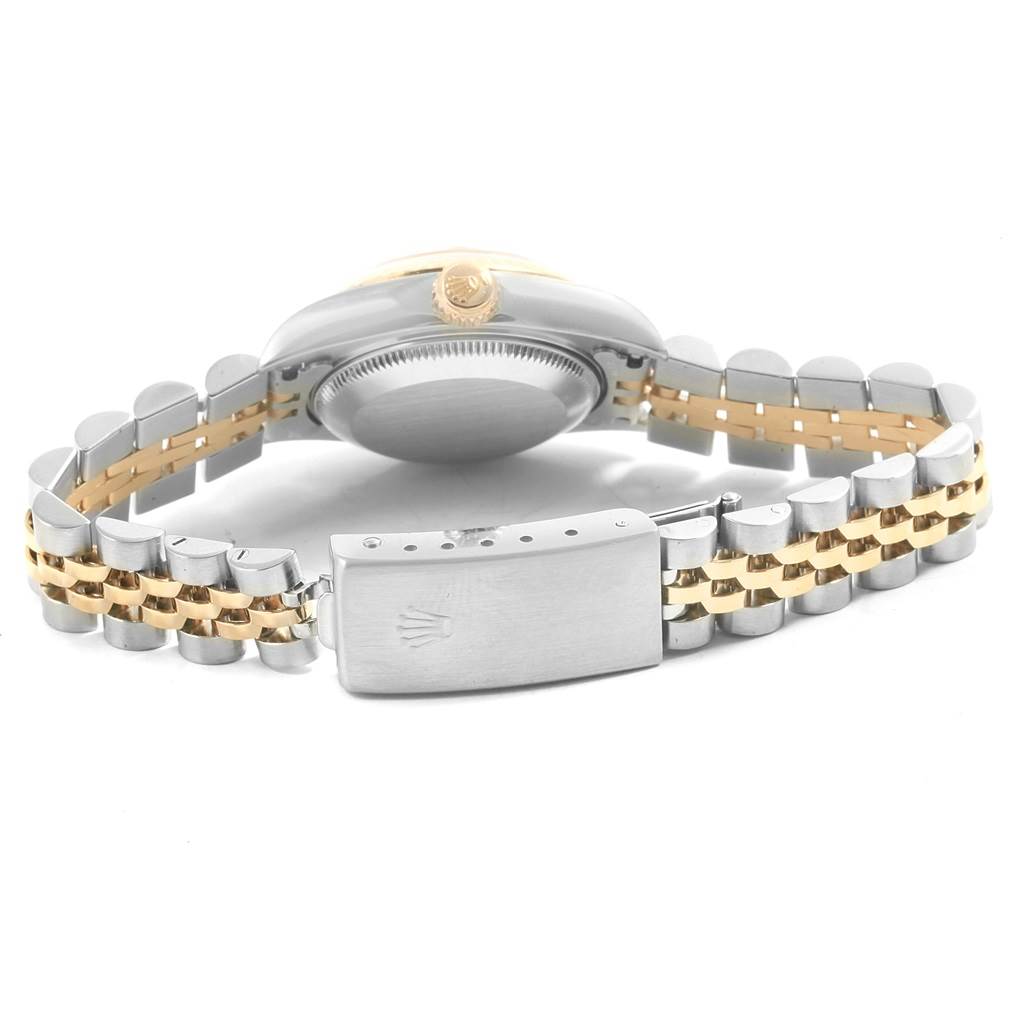 This image shows the case back and bracelet clasp of a Rolex Datejust 79173 Women's Stainless Steel Silver Dial 79173 Women's Stainless Steel Silver Dial watch, viewed from the underside.