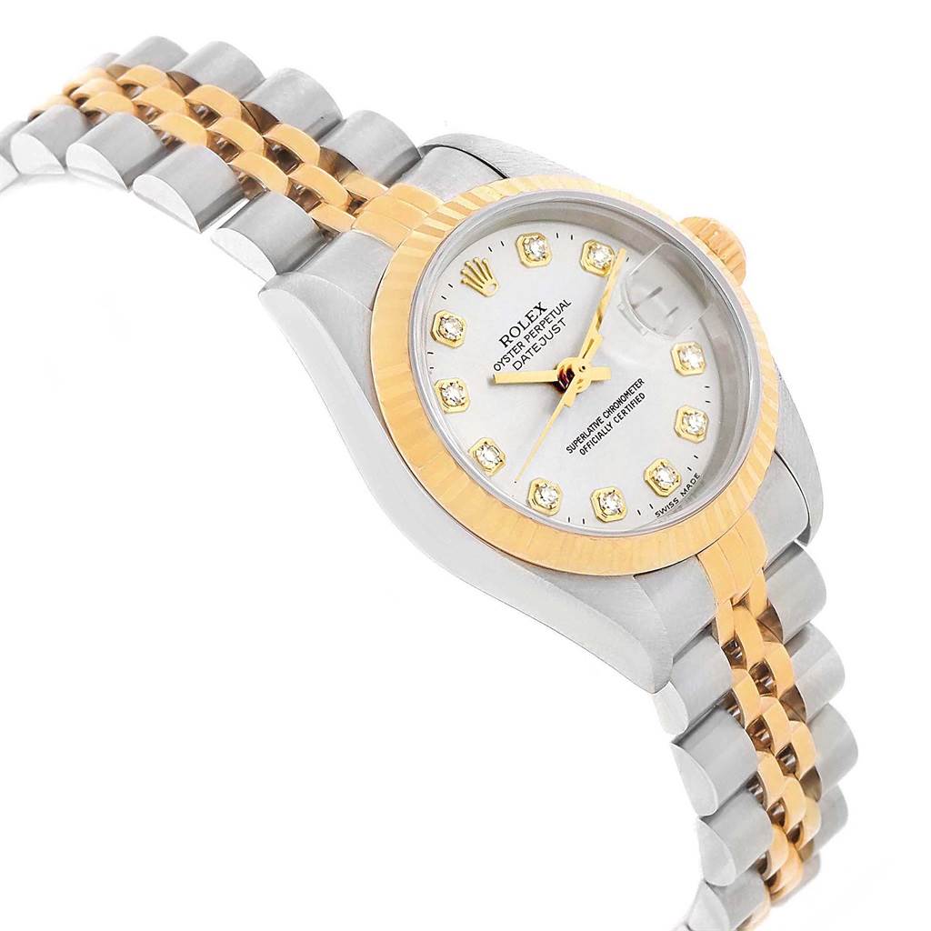 This image shows a Rolex Datejust 79173 Women's Stainless Steel Silver Dial 79173 Women's Stainless Steel Silver Dial watch at a side angle, featuring its bezel, case, dial, crown, and bracelet.