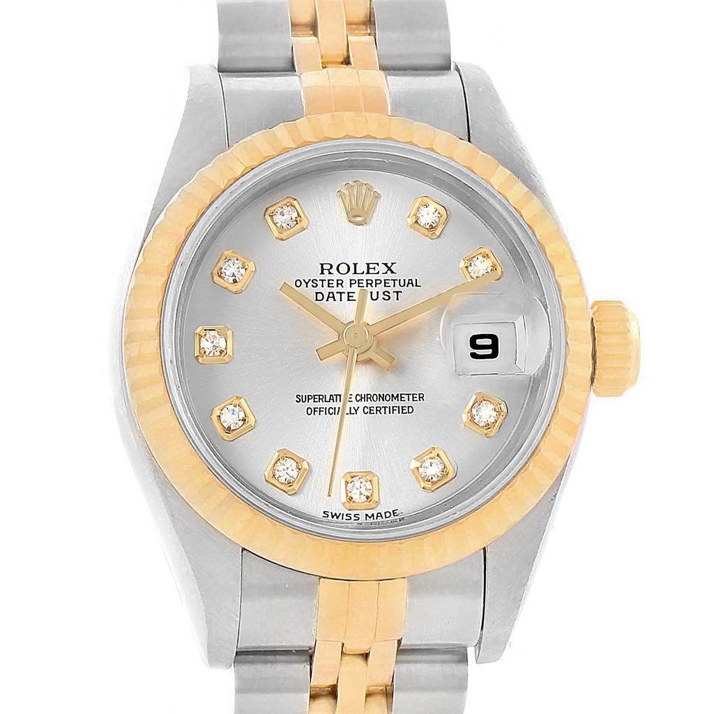 This image shows a front view of the Rolex Datejust 79173 Women's Stainless Steel Silver Dial 79173 Women's Stainless Steel Silver Dial watch, highlighting its dial, bezel, case, and bracelet.