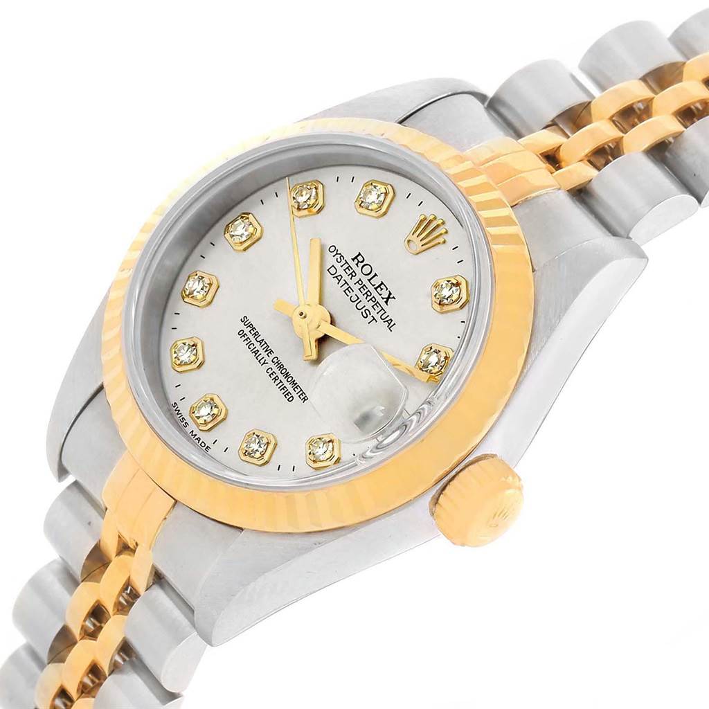 The image shows a Rolex Datejust 79173 Women's Stainless Steel Silver Dial 79173 Women's Stainless Steel Silver Dial watch at an oblique angle highlighting the watch face, bezel, crown, and bracelet links.