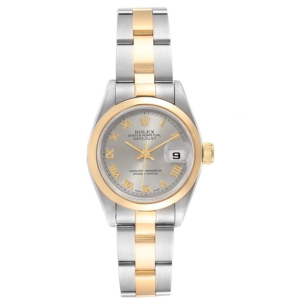 The Rolex Datejust 69163 Women's Steel and Gold (two tone) Grey Dial 69163 Women's Steel and Gold (two tone) Grey Dial watch is shown from a top-down angle, displaying its face, bezel, and two-tone bracelet.