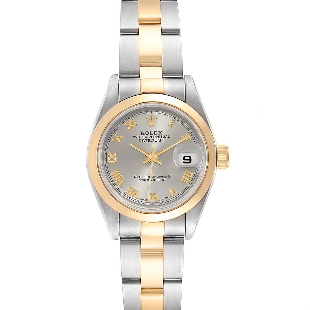 This is a front view of a Rolex Datejust 69163 Women's Steel and Gold (two tone) Grey Dial 69163 Women's Steel and Gold (two tone) Grey Dial watch, showcasing the face, dial, hands, bezel, and bracelet.