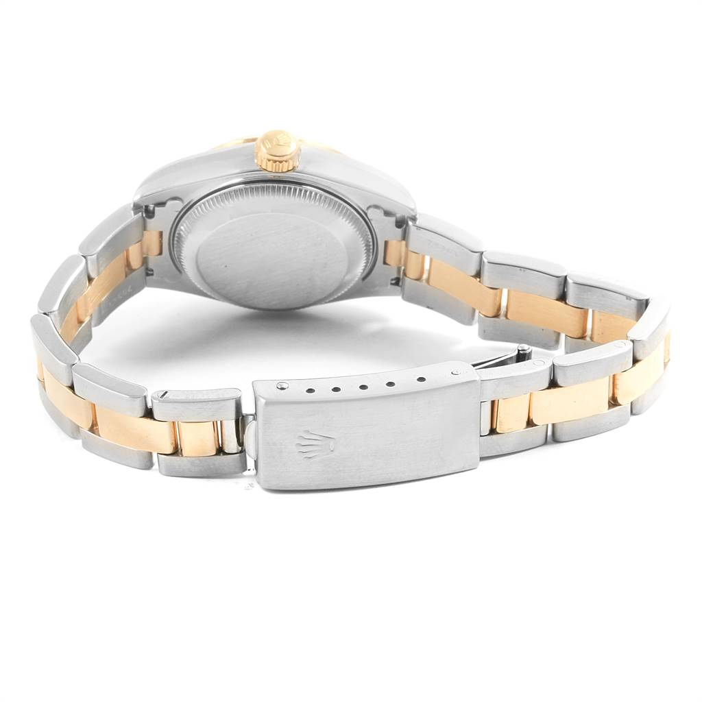 The image shows the back view of a Rolex Datejust 69163 Women's Steel and Gold (two tone) Grey Dial 69163 Women's Steel and Gold (two tone) Grey Dial watch, highlighting its clasp, bracelet, and case back.
